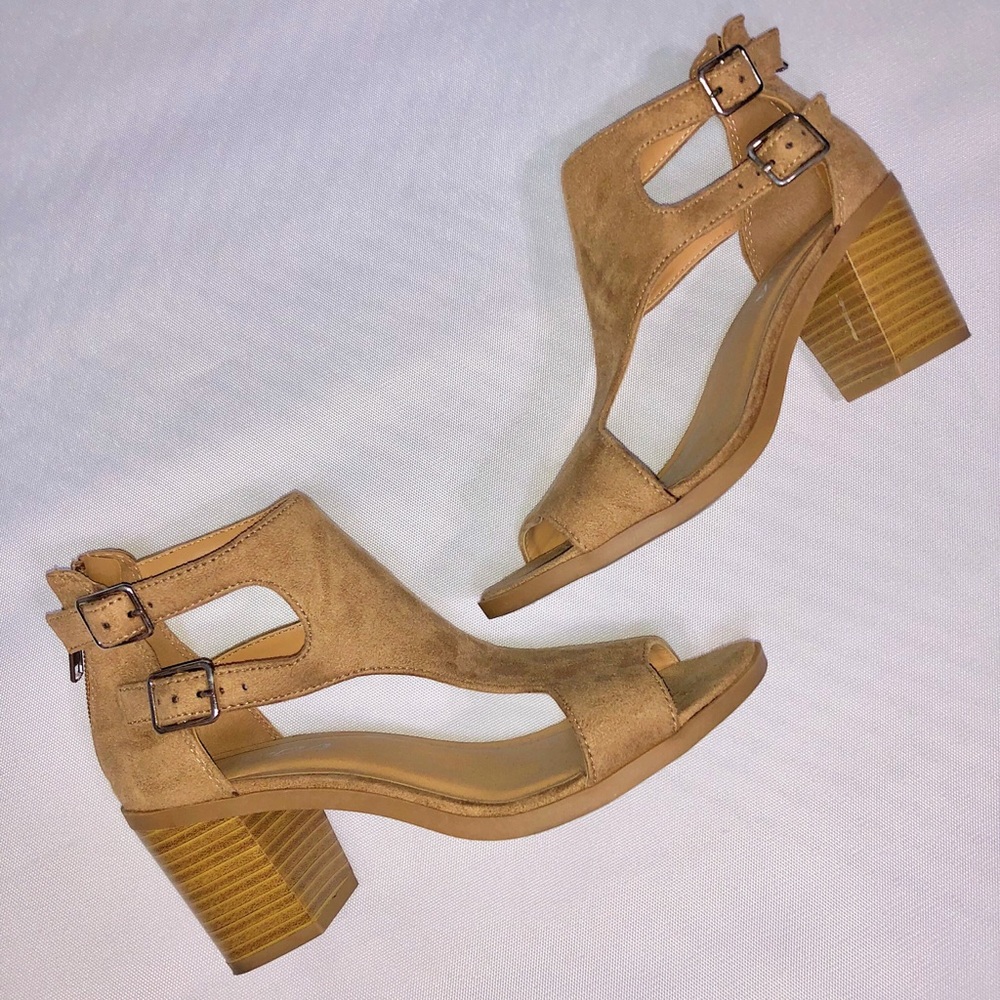 Beige Suede Block Heels
